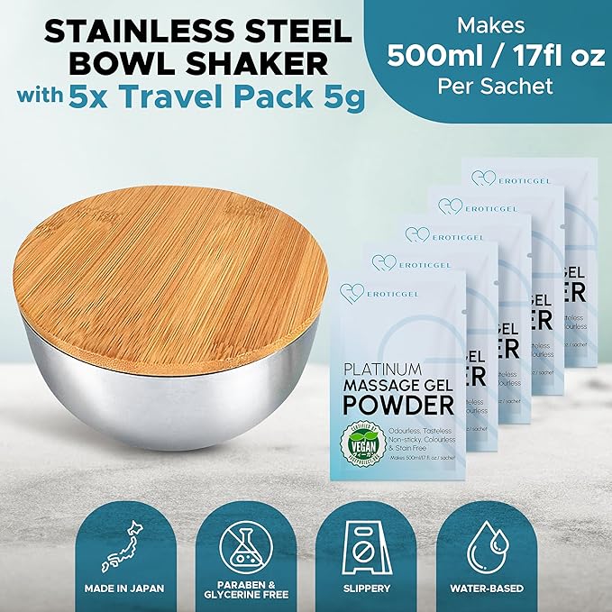 Platinum Nuru Massage Gel Powder and Bowl Set | 5 x Massage Powder 5g Sachet | 1 x 16 fl oz Bowl | Ideal for Relaxing Nuru Massage | Tasteless, Colorless, Stain-Free