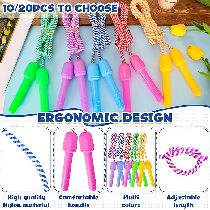 20 Pack Kids Jump Rope, Colorful Nylon Skipping Ropes for Children, 7.87FT Adjustable Length, 5.51IN Handles, Lightweight Skipping Ropes Set for Indoor & Outdoor Play Fitness School Activities
