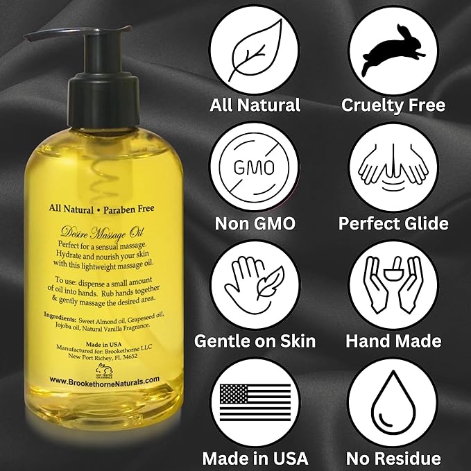 Desire Sensual Massage Oil for Date Night | Best Massage Oil for Couples | Valentines Day Gifts for her | All Natural with Sweet Almond, Grapeseed & Jojoba for Smooth Glide 8oz