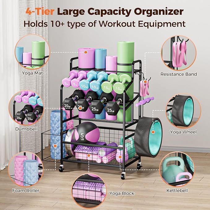 HavenlyYouth Dumbbell Rack, Home Gym Weight Rack Storage, Adjustable Dumbbell Stand Organizer with Wheels, Holds Dumbbells, Kettlebells, Yoga Mats