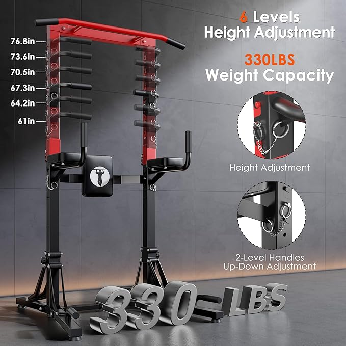 DlandHome Foldable Power Tower Pull Up Bar Station, Strength Training Fitness Equipment, Multi-Function Adjustable Height Pull Up Dip Station for Home Gym Workout, Pull Up Stand, Black & Red