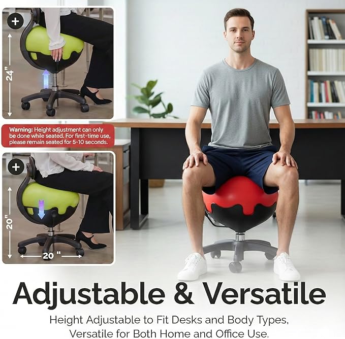 Aeromat Elite Yoga Ball Chair for Office & Home 250lbs Cap – Ergonomic Balance Ball Desk Chair w/Lockable Wheels,Adjustable Height, Anti-Burst Removable Ball, Back Support for Posture & Core Relief