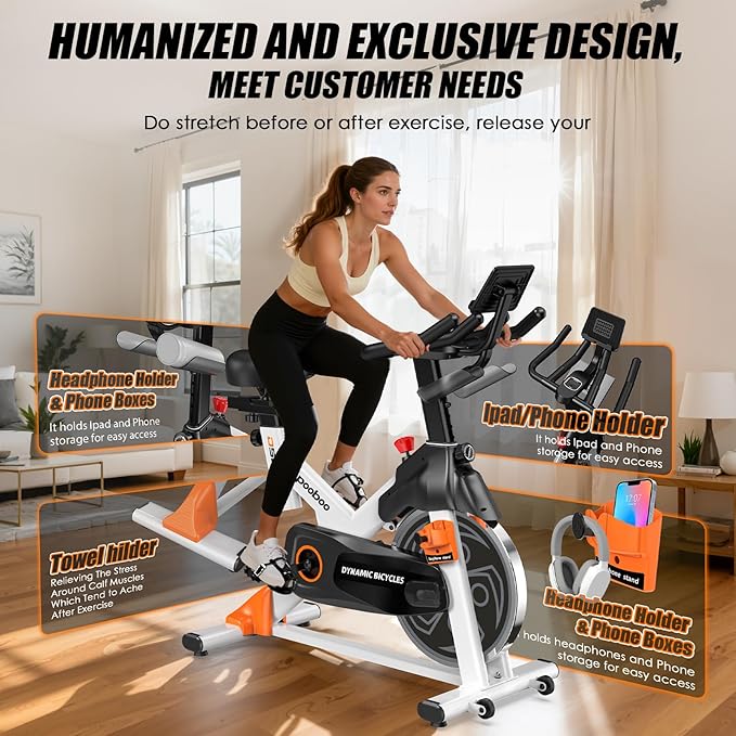 pooboo Exercise Bike, Adjustable Magnetic Resistance Stationary Bikes for Home with App Compatible, 350LB Weight Capacity Indoor Cycling Bike with Large Seat, Dumbbell Rack, Pull Cords & LCD Display,Low Noise Indoor Spin Bike for Home Gym