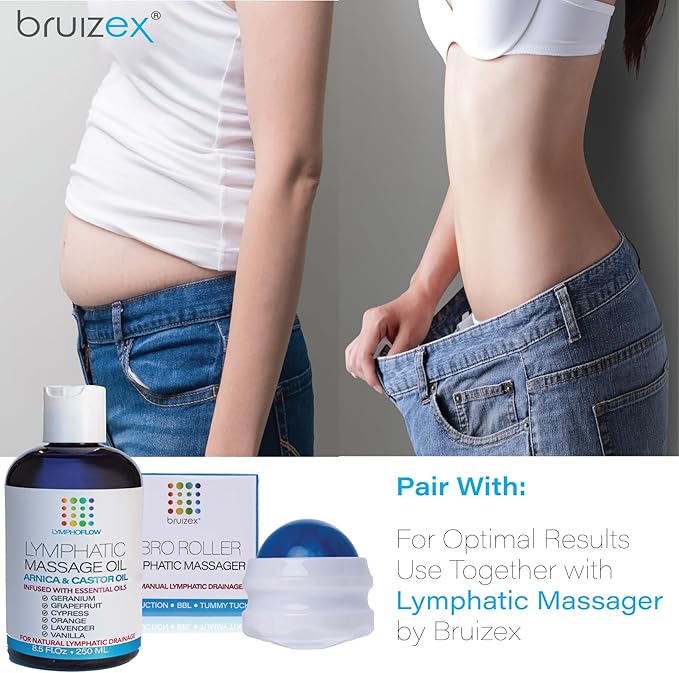 Bruizex Lymphatic Drainage Massage Oil with Arnica & Cold Pressed Castor Oil, Lightweight Non-Greasy Body Massage Oil for Daily Lymphatic Massage, Aftercare Routine, Lightweight Formula - 8.5 Oz