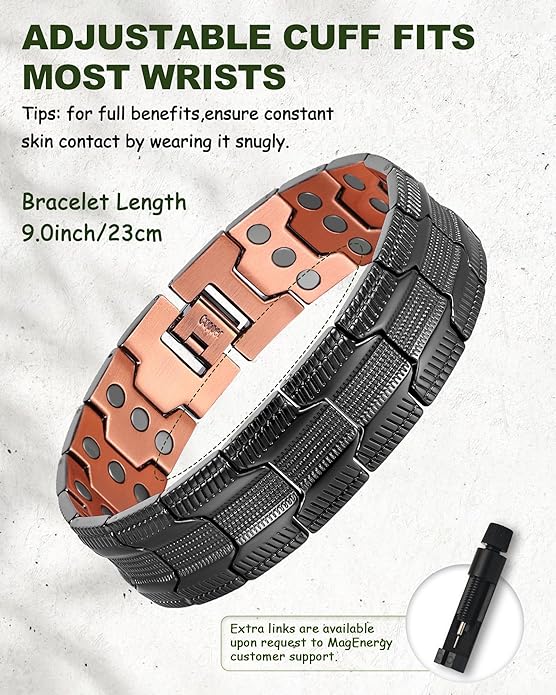 MagEnergy Copper Bracelet for Men, 3X Strength Magnetic Bracelet with 99.99% Pure Copper Ring & 3500 Gauss Magnets, Adjustable Length with Sizing Tool