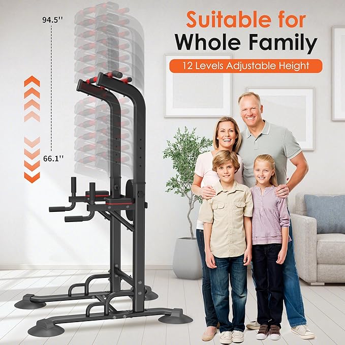 DlandHome Pull Up Bar Power Tower Dip Station, Height Adjustable Heavy Duty Workout Dip Stand, Multi-Functional Strength Training Machine for Men Women Home Gym