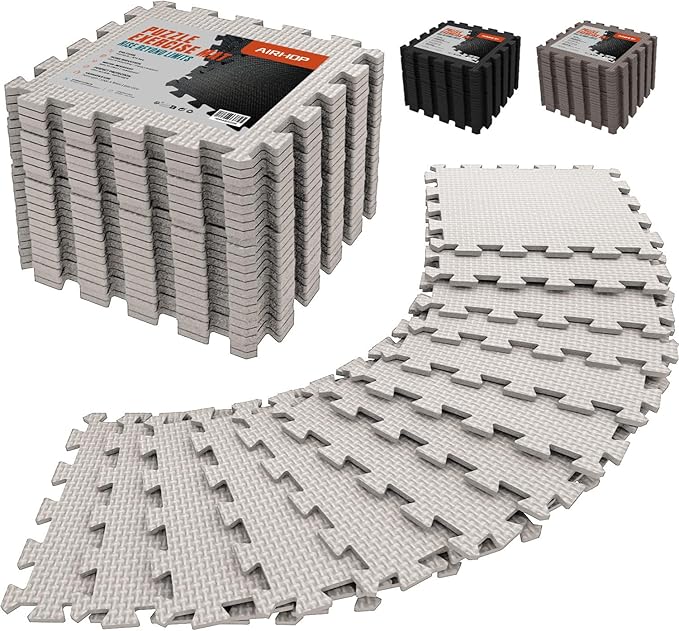 AIRHOP 18 Tiles Gym Floor Mat, EVA Foam Puzzle Gym Mat, High-Density Interlocking Foam Floor Tiles for Home Gym, Play Workout Garage Kitchen Flooring