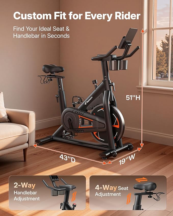 Merach Magnetic Exercise Bike, Low Noise Stationary Bike for Home with Comfortable Seat Cushion, Spinning Bike with 330 lb Weight Capacity, Exclusive App, Tablet Mount and Fitness Courses
