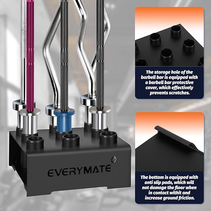 EVERYMATE Vertical Barbell Rack - Heavy-Duty Steel Organizer, Barbell Holder Floor Stand, Fits 2" Olympic Bars with Scratch-Resistant Inserts, Space-Saving for Home/Garage/Commercial Gym