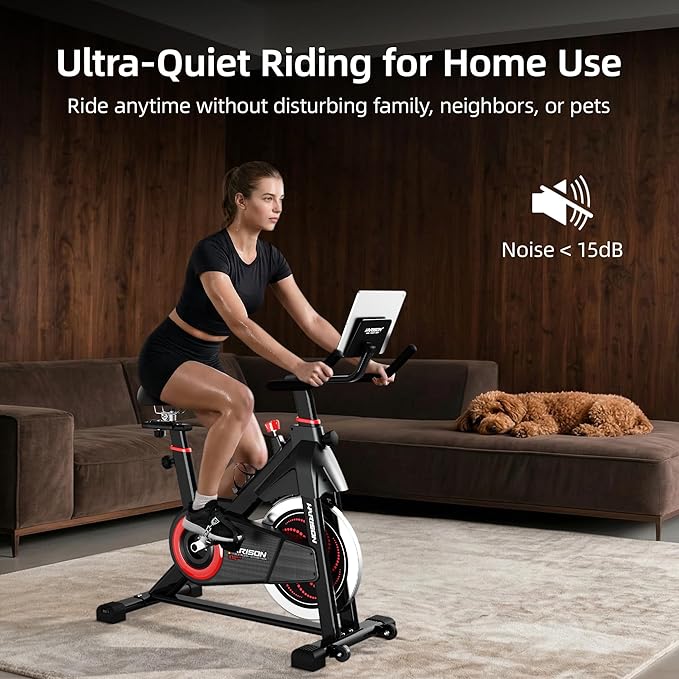 HARISON Exercise Bike, Magnetic Stationary Bike for Home, Quiet Dual-Belt Indoor Cycling Spin Bike, 380 lb Capacity, Adjustable Resistance, Push-to-Stop, 6-Level Handlebar, App Compatible