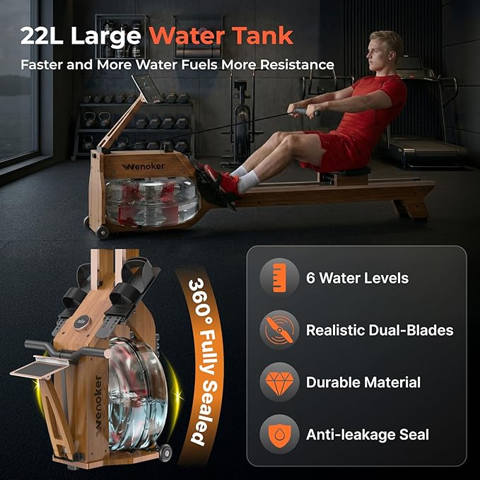 Water Rowing Machine for Home Use, WENOKER Wooden Foldable Rower Machine with Dedicated Monitor & Bluetooth APP, Large Water Tank & Comfortable Seat for Immersive Water Rower, 350LBS Weight Capacity