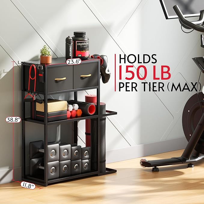 Home Gym Storage Shelf Stand Only, Adjustable Weight Rack for Dumbbells Plus Extra Upper Drawer, for Weight, Mat and Workout Equipment, Large Capacity Gym Organizer with 4-Tier, Easy-assembly