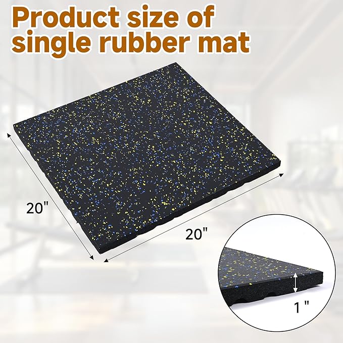 tonchean Rubber Exercise Equipment Mats 1" Thick, 4 Pack Anti-Vibration Gym Floor Tiles 20" x 20'', Non-Slip Sound Absorbing Gym Mats, Interlocking Tiles with 12 Pcs Buckles, for Fitness Equipment