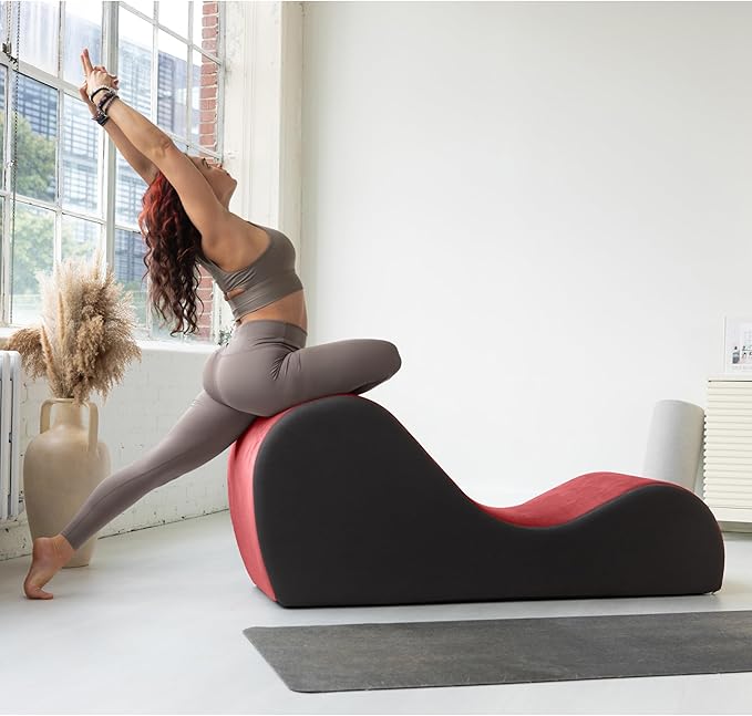 Avana Chakra Yoga Chaise - 2 Adjustable Headrests & Handles with Adjustable Straps, Micro-Velvet/Microloop, Red & Grey