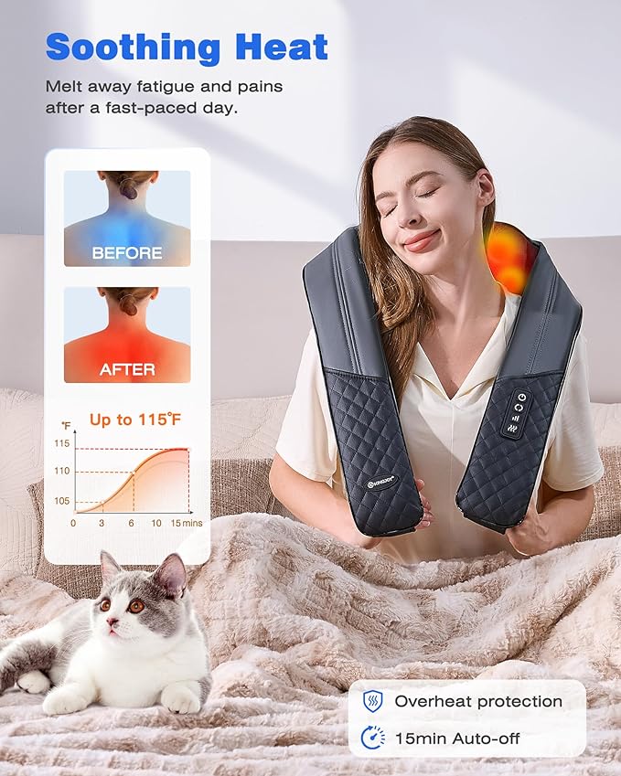KINGJOY Neck and Shoulder Massager with Heat, Shiatsu Neck and Back Massager for Back, Shoulder, Legs, 2025 Upgraded 4D Kneading Deep Tissue Pain Relief, Gifts for Women/Men/Mom/Dad, Plug-in Use Only