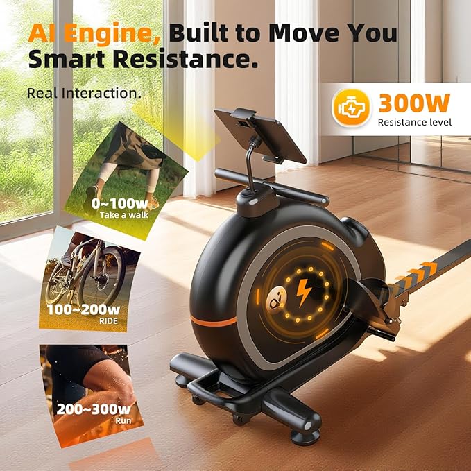 Magnetic Rowing Machine for Home, Compact Smart Rower with One-Touch Fold, 16 Levels Quiet Resistance, Bluetooth Heart Rate, 300LB Capacity, Self-Powered Design for Small Spaces