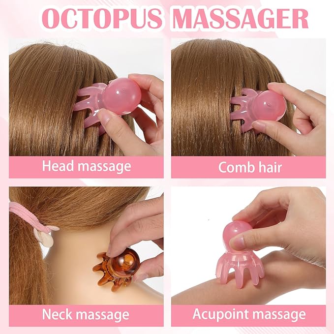 Cute Head Massage Comb Set 3 Pcs Point Massage Comb Manual Scalp Massagers Acupressure Massager Tool with 8 Legs Pink Acupressure Massager Scalp Tool for Head Back Neck Deep Relaxation