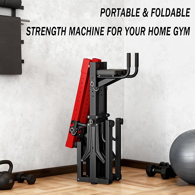 SogesHome Foldable Power Tower Pull Up Bar and Dip Stand, Height Adjustable Free Standing Strength Trainer Dip Station, Multifunctional Fitness Exercise Workout Pullup Station for Home Gym Equipment, Black Red