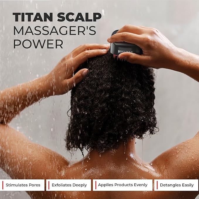 Bossman Titan Shower Scalp Massager – Scalp Exfoliator Brush – Ergonomic Silicone Scrubber for Product Build-Up, Dandruff & Pore Stimulation – Head & Beard Care Tool with Soft Bristles