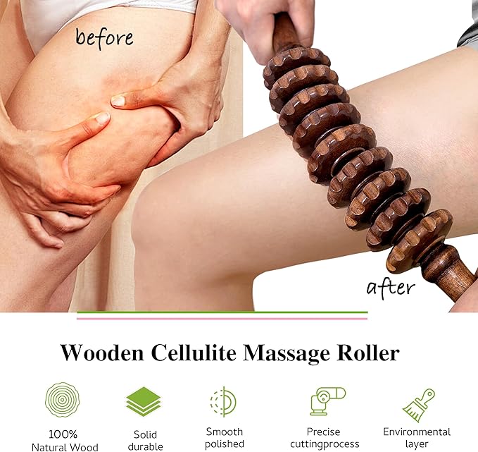 Wooden Curved Manual Massage Stick, 9 Roller Handheld Trigger Point Massager for Fascia, Cellulite, Muscle & Abdomen, Body Therapy Massager, Belly Relief Tool (Brown)