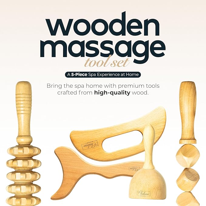 Château Avant 5Pcs Lymphatic Drainage Massager Cellulite Massage Tool – Luxury Wood Therapy Massage Tools Cupping Therapy Set Includes Cupper, Rollers, Contouring Board, Scraper – Tool Kit for Home