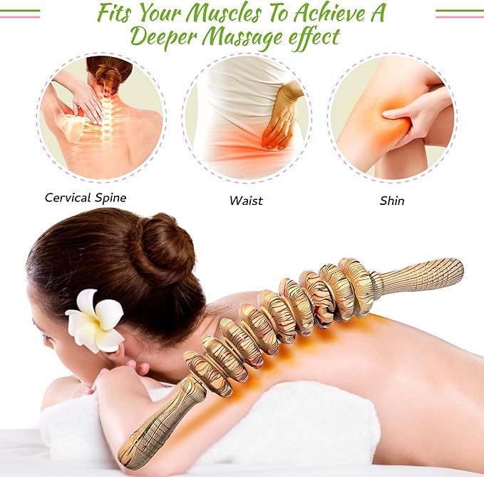 Wooden Curved Manual Massage Stick, 9 Roller Handheld Trigger Point Massager for Fascia, Cellulite, Muscle & Abdomen, Body Therapy Massager, Belly Relief Tool (Wood Grain)