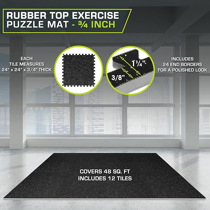 ProsourceFit Rubber Top Exercise Puzzle Mat ½-inch or ¾-inch, EVA Foam Interlocking Tiles for Home Gym Protective Flooring for Equipment and Workouts, Available in 24 SQ FT or 48 SQ FT