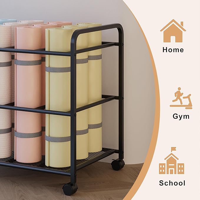 Yoga Mat Storage Rack with Wheels, Yoga Mat Rack for Fitness Class, Home, Gym, Workout Room, Home Gym Storage with Rounded Corners, Large-Capacity, Easy Assembly, Black