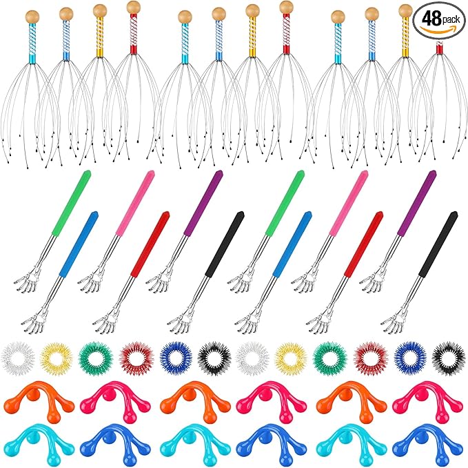 Geiserailie 48 Pack Massage Gifts, Head Scratcher Scalp Massagers, Extendable Back Scratchers, Four Point Massage Tools, Finger Massager Rings for Grandparents Teacher Father Mother Men Women Gifts
