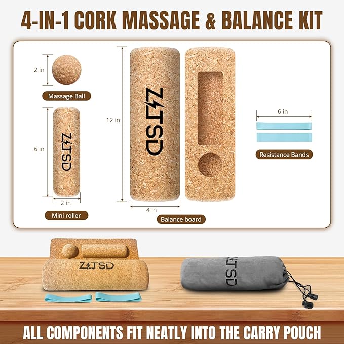 Natural Cork Balance Board Kit, 4-in-1 Foot & Ankle Strengthener – 2 Half-Cylinder Boards, Massage Roller & Ball, Toe Resistance Bands, Carry Bag & Guide for Mobility & Physical Therapy
