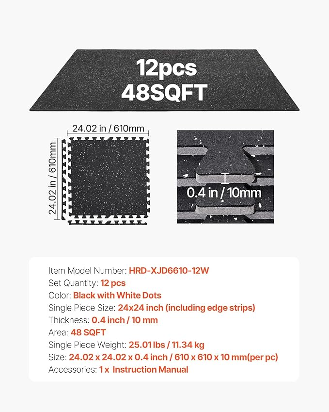 VEVOR 0.4Inch 48sq.ft 12 Tiles Gym Flooring for Home Gym, Rubber Top with High Density EVA Foam, 24 x 24In Gym Floor Exercise Equipment Mats, Interlocking Gym Mats, Puzzle Workout Mats, Black & White