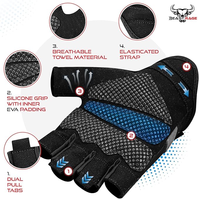 BEAST RAGE Fingerless Weight Lifting Gloves with Palm Protection Padding, Breathable Lightweight Gym Gloves for Men, Women, Weightlifting, Cycling, Exercise, Training Pull Up
