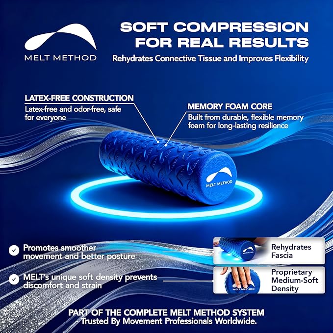 MELT Method 18 Inch Soft Travel Foam Roller w/FasciaTherapy - Low Density Travel Size Foam Roller for Physical Therapy, Muscle Recovery, Back Massage & Pilates - Half The Length of MELT Original
