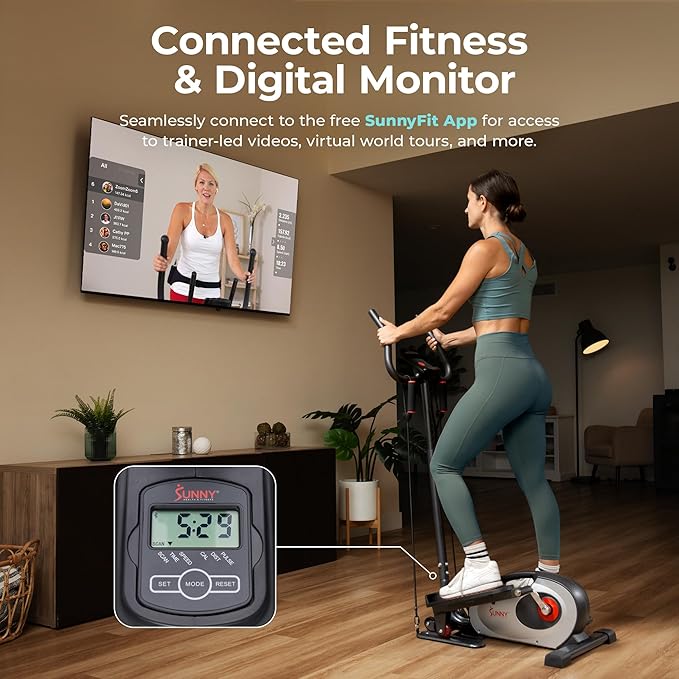 Sunny Health & Fitness Under Desk Elliptical Machine, Portable Sitting or Stand Peddler Exerciser for Seniors Home Office, SunnyFit App Access via Bluetooth with Optional Handlebar or Resistance Band