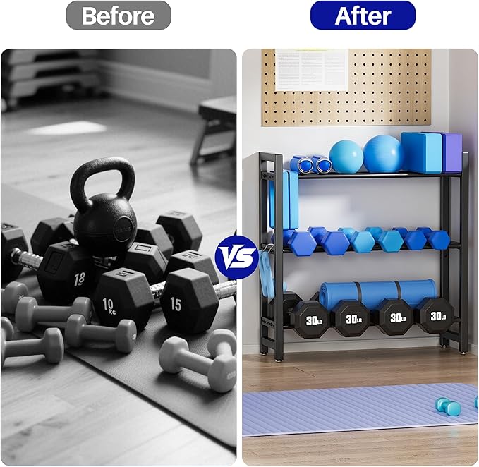 3 Tier Adjustable Dumbbell Rack – Heavy-Duty Weight Storage Stand for Dumbbells, Kettlebells, Multiple Balls, 450 lb Total Capacity, Space-Saving Home Gym Organizer (Rack Only)
