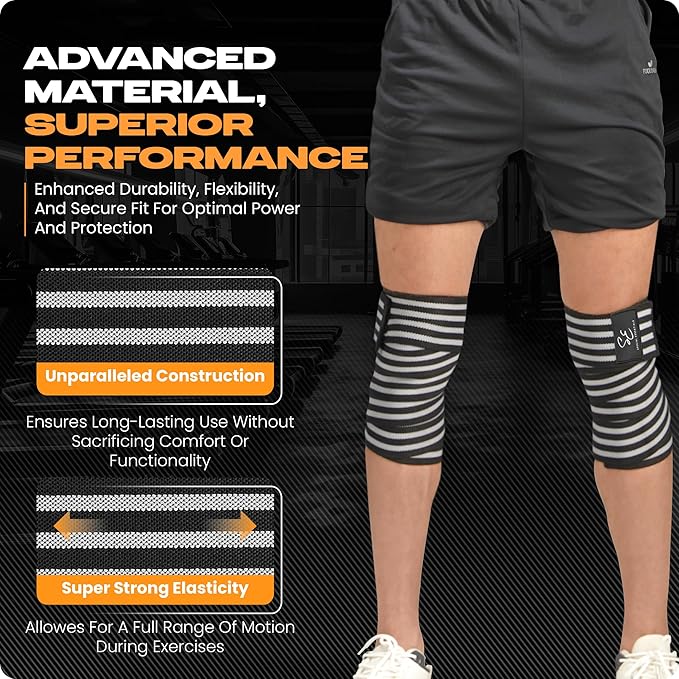 Special Essentials Knee Wraps for Weightlifting with Strap (2 Pack) - 72 Inches Flexible Support for Men & Women, for Powerlifting, Squats, Leg Press, and Cross Training