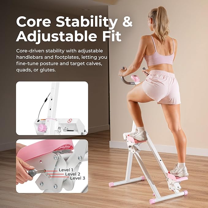 Sunny Health & Fitness Smart Foldable Cardio Stair Stepper, Vertical Climber with Extended Step Range, SunnyFit App Connection – Pink / White / Gray
