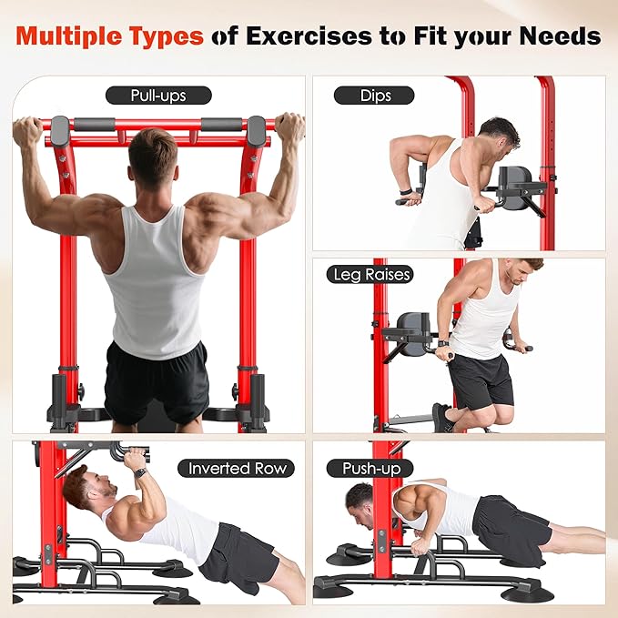 DlandHome Pull Up Bar Power Tower Dip Station, Height Adjustable Heavy Duty Workout Dip Stand, Multi-Functional Strength Training Machine for Men Women Home Gym