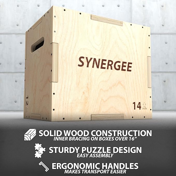 Synergee 3 in 1 Wood Plyometric Box for Jump Training and Conditioning. All in One Jump Trainer. Sizes 30/24/20, 24/20/16, 20/18/16, 16/14/12