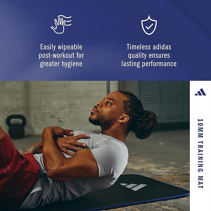 adidas 10mm Extra Thick Training Mat with Carrying Strap and Non-Slip Textured Base - Cushioned Workout Mat for Home Gym, Floor Workouts, and Intense Exercises - Portable and Durable