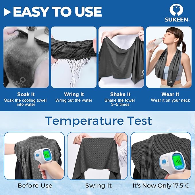 Sukeen 10 Pack Cooling Towels (40"x12"), Neck and Face, Microfiber Cool Towel, Soft Breathable Chilly Towel for Yoga, Golf, Gym, Camping, Running, Workout & More Activities