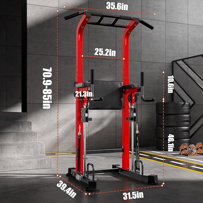 soges Power Tower Dip Station with Assisted Pad, Height Adjustable Pull Up Bar Station for Home Gym, Multi-Function Strength Training Full Body Workout Equipment, 330 Lbs, Red