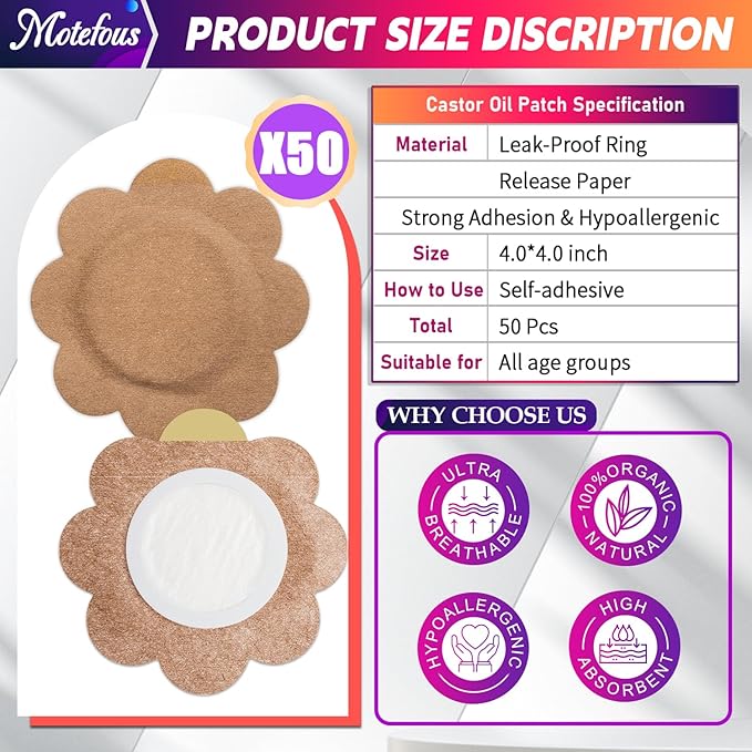 Castor Oil Pack Wrap Patch - Organic Cotton Castor Oil Belly Button Patch, Disposable Self-Adhesive Abdominal Pads, Portable Anti Leakage High Absorbent Patch for Multi-Area Use 50Pcs