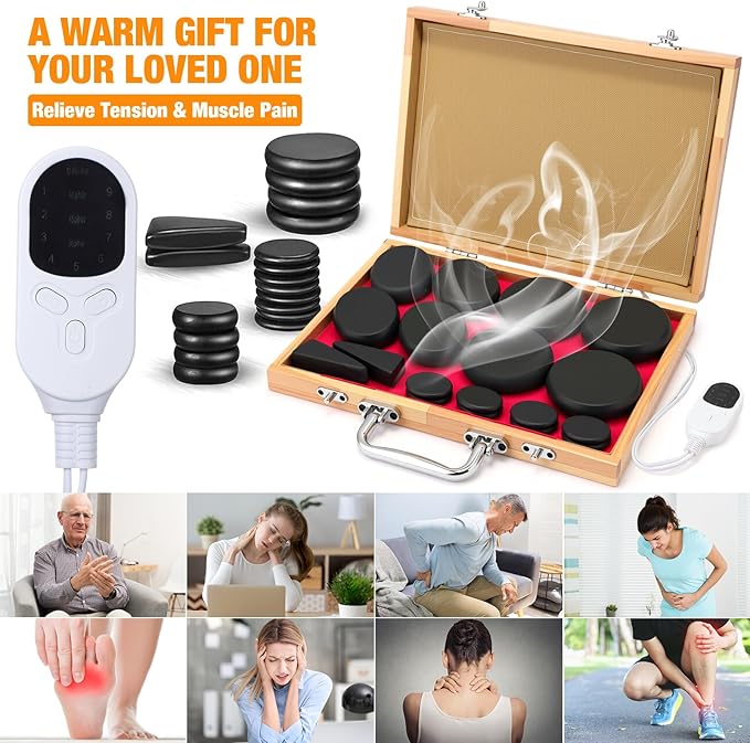 Hot Stones Massage Set 18 Pieces Basalt Hot Rocks Massage Rocks Kit Black Smooth Stones for Professional Home Spa Warming Relaxing Pain Relief, Constant 50°c (122°f)(Adjustable Temperature Wood Box)