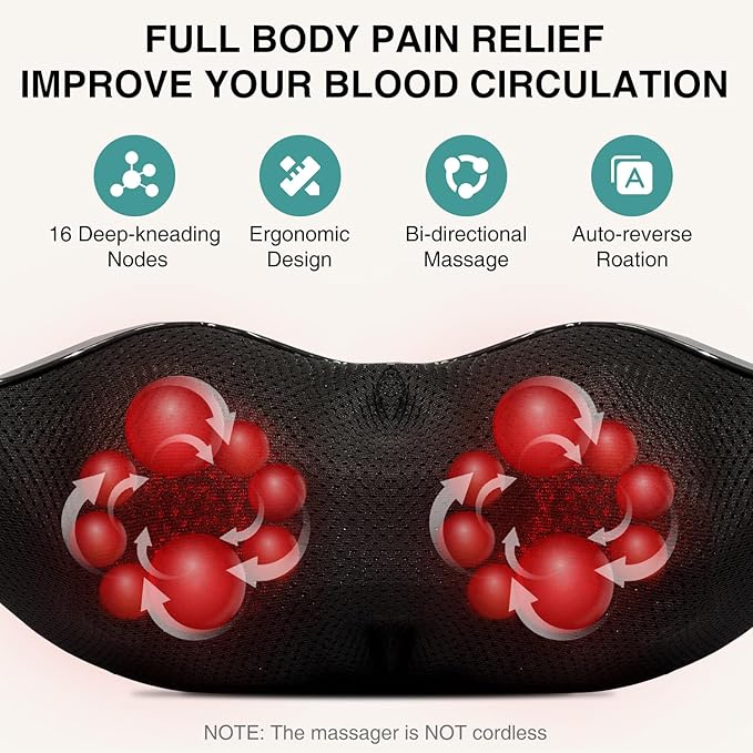 Nekteck Shiatsu Neck Massager with Heat for Pain Relief Deep Tissue, 2026 Upgraded 3D Back Shoulder Kneading Massage Pillow, Body Muscle Relaxation Tool Gifts for Him Her Mom Dad, Gray (NOT Cordless)