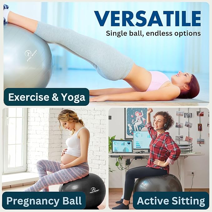 ProBody Pilates Yoga Ball Chair, Exercise Ball Chair with Base or Stand for Home Office Desk Sitting or Workout, 65cm Antiburst Balance & Stability Ball Seat, Large Gym Ball for Back, Abs