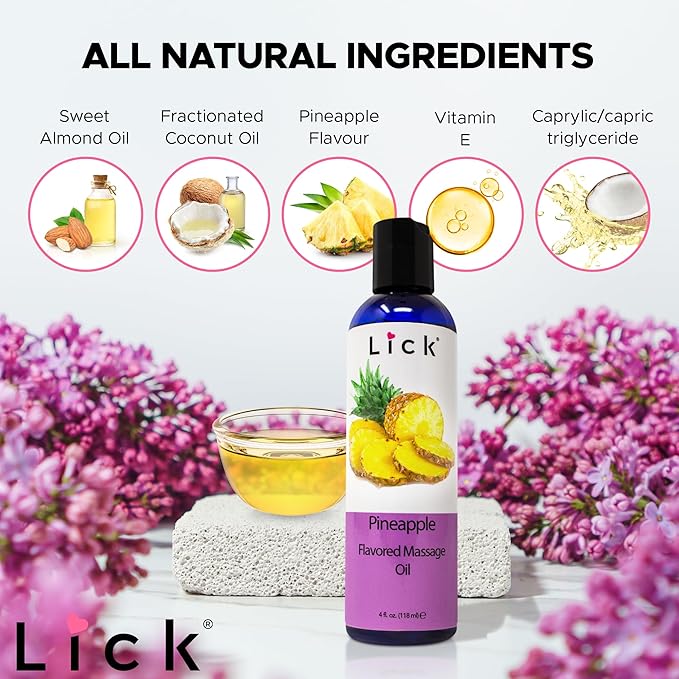 Lick Pineapple Flavored Massage Oil – Sweet Tropical Edible Massage Oil with Vitamin E, Smooth Body-Safe Glide for Couples Massage & Sensory Date Nights, 4 oz