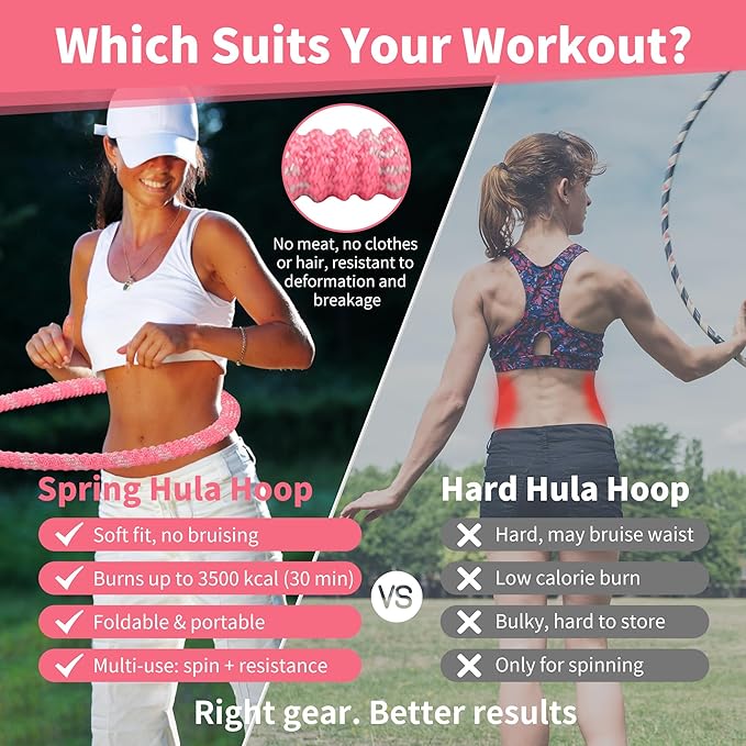 3.3 lbs Spring Soft Hula Hoop for Adults, Foldable Weighted Fitness Hoop with Video Tutorial, Soft Material Protects Lower Back, Home & Travel Workout