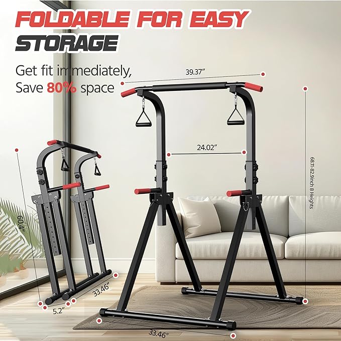 Power Tower Pull Up Bar Free standing with Resistance Bands, 350LBS Heavy Duty Alloy Steel Dip Station for Home Gym Strength Training, Adjustable Height Workout Equipment