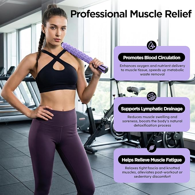 Muscle Roller & Massage Roller Stick for Athletes - Lymphatic Drainage Support, Relieves Muscle Soreness, Cramping & Tightness - Targets Legs, Arms, Back & Calves （Purple - 18inch）